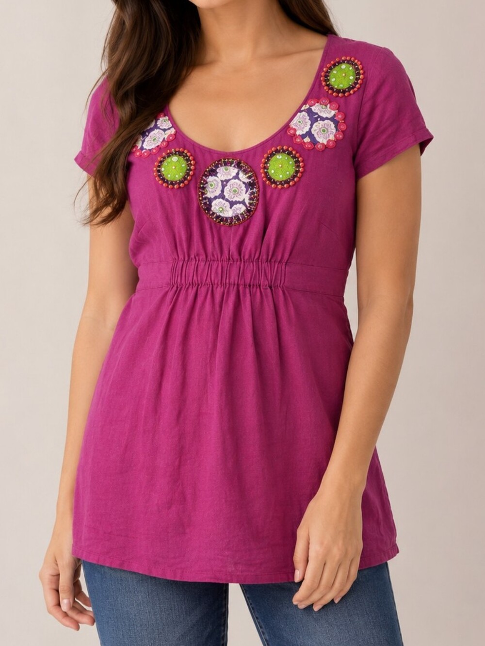 Boden Beaded Boho Pink Linen Embellished Scoop Neck Tunic